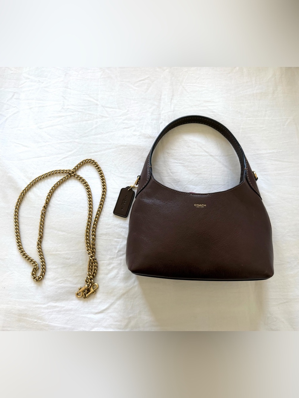 COACH Dark Brown Leather Shoulder Bag with Gold Chain Strap